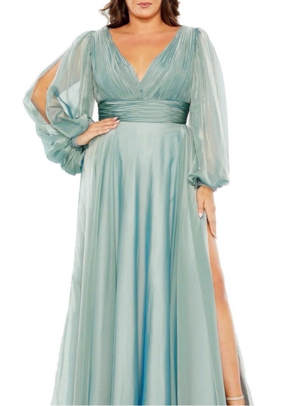 Mac Duggal Light Dusty Blue Chiffon Pleated V-Neck Maxi Gown